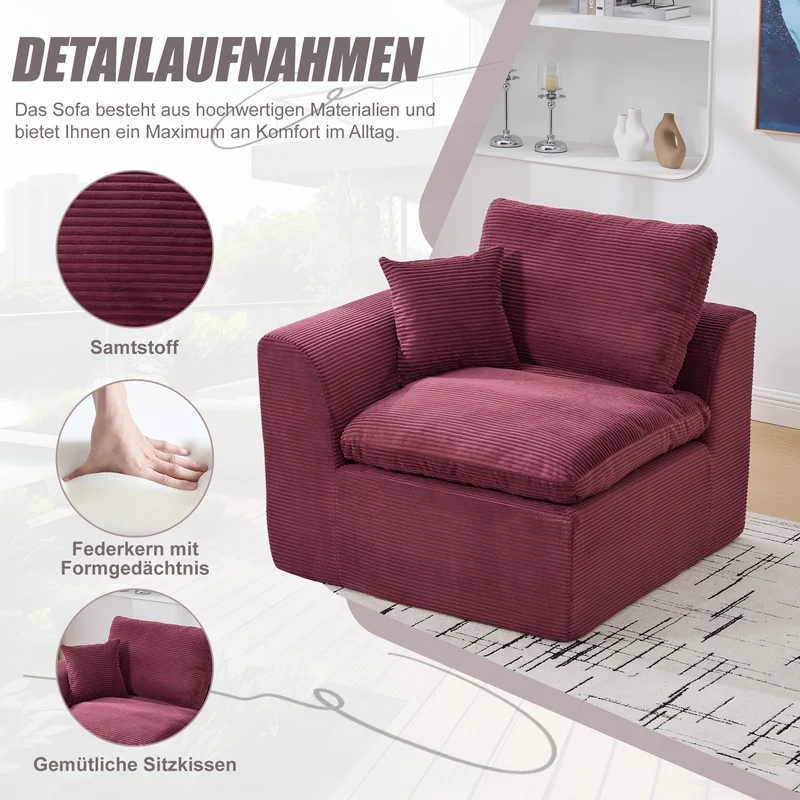 Fauteuil chauffeuse modulable en velours côtelé prune 101x102,5x84cm NOVAEON
