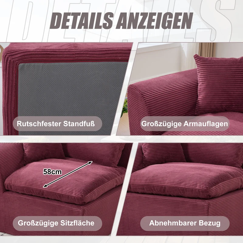 Fauteuil chauffeuse modulable en velours côtelé prune 101x102,5x84cm NOVAEON