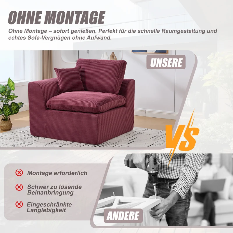 Fauteuil chauffeuse modulable en velours côtelé prune 101x102,5x84cm NOVAEON