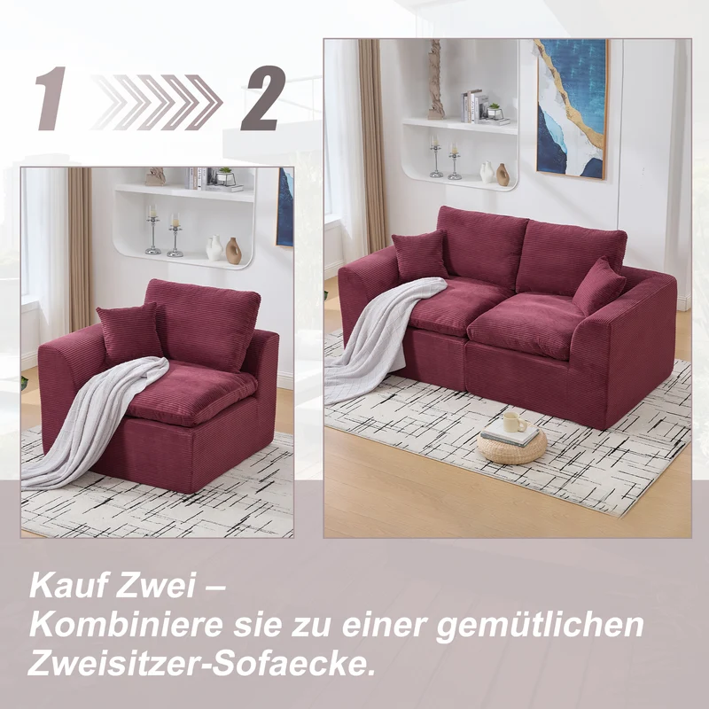 Fauteuil chauffeuse modulable en velours côtelé prune 101x102,5x84cm NOVAEON