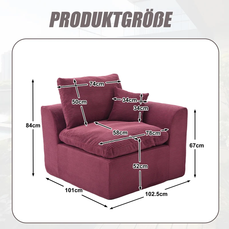 Fauteuil chauffeuse modulable en velours côtelé prune 101x102,5x84cm NOVAEON