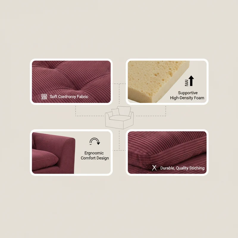 Fauteuil chauffeuse modulable en velours côtelé prune 101x102,5x84cm NOVAEON