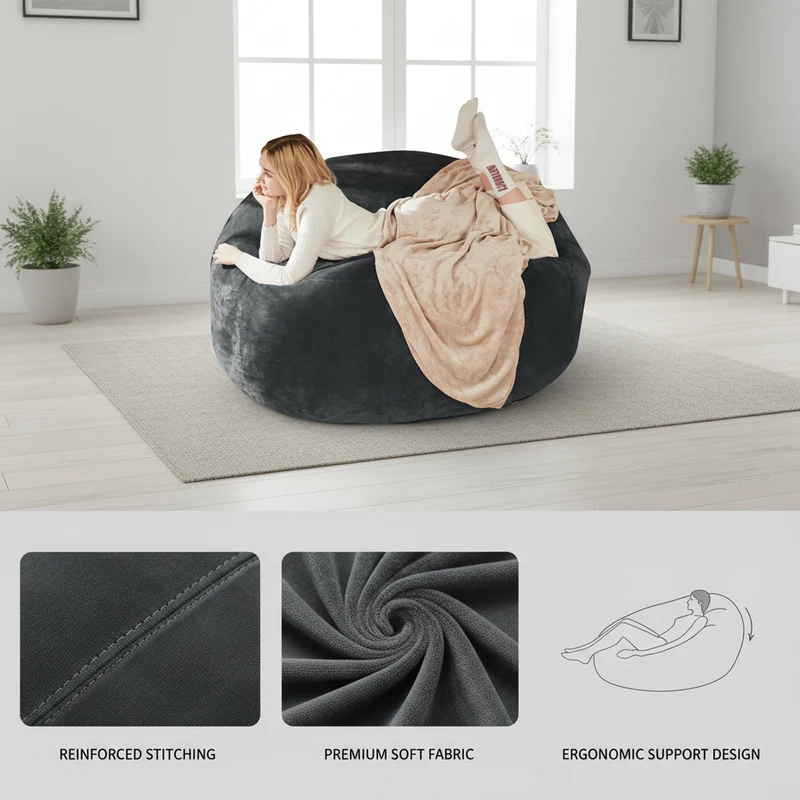 Fauteuil pouf géant ultra moelleux en fausse fourrure gris anthracite 130x120x60cm ELECTRAITA