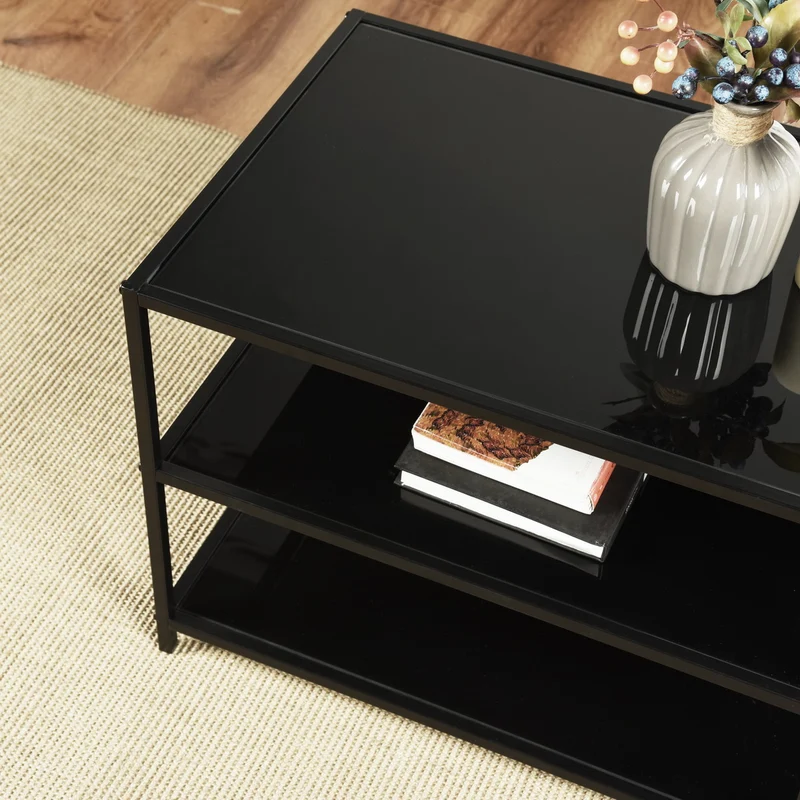 Table basse rectangulaire en verre trempé noir transparent 3 étages 110*40cm JONINA