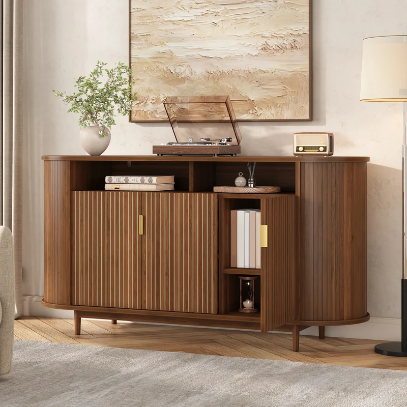 Buffet effet noyer façade rainurée à 3 portes, style vintage 140cm RUSTICPRO