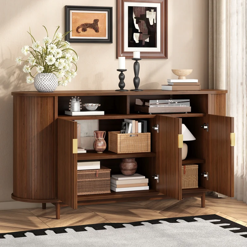 Buffet effet noyer façade rainurée à 3 portes, style vintage 140cm RUSTICPRO