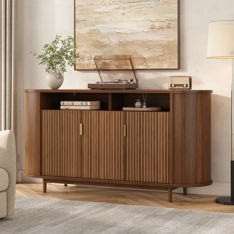 Buffet effet noyer façade rainurée à 3 portes, style vintage 140cm RUSTICPRO