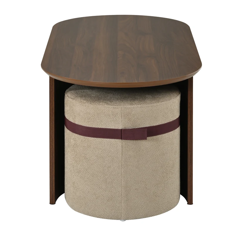 Ensemble de table basse ovale avec 2 poufs beige, effet noyer compact 108 cm RUSTICRUG