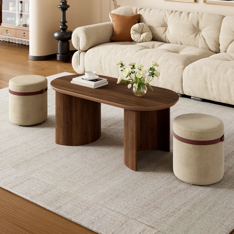 Ensemble de table basse ovale avec 2 poufs beige, effet noyer compact 108 cm RUSTICRUG