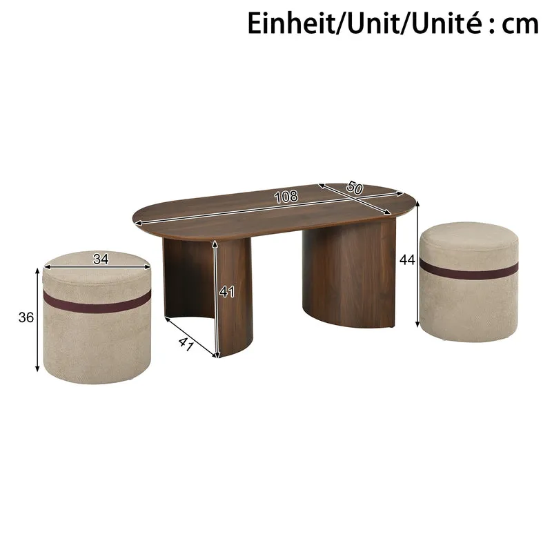 Ensemble de table basse ovale avec 2 poufs beige, effet noyer compact 108 cm RUSTICRUG