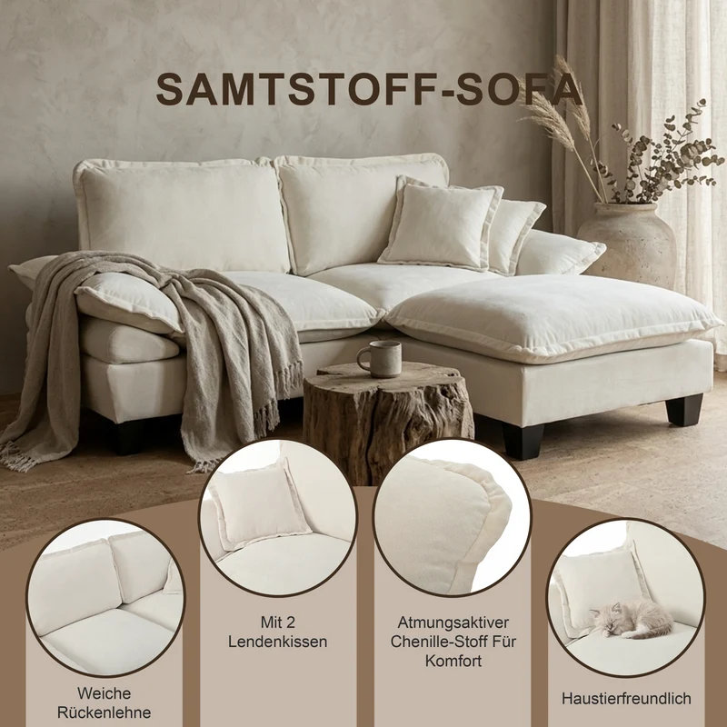 Canapé 3 places en chenille beige, style nuage 263cm SCANDINAVIANGOLDONE