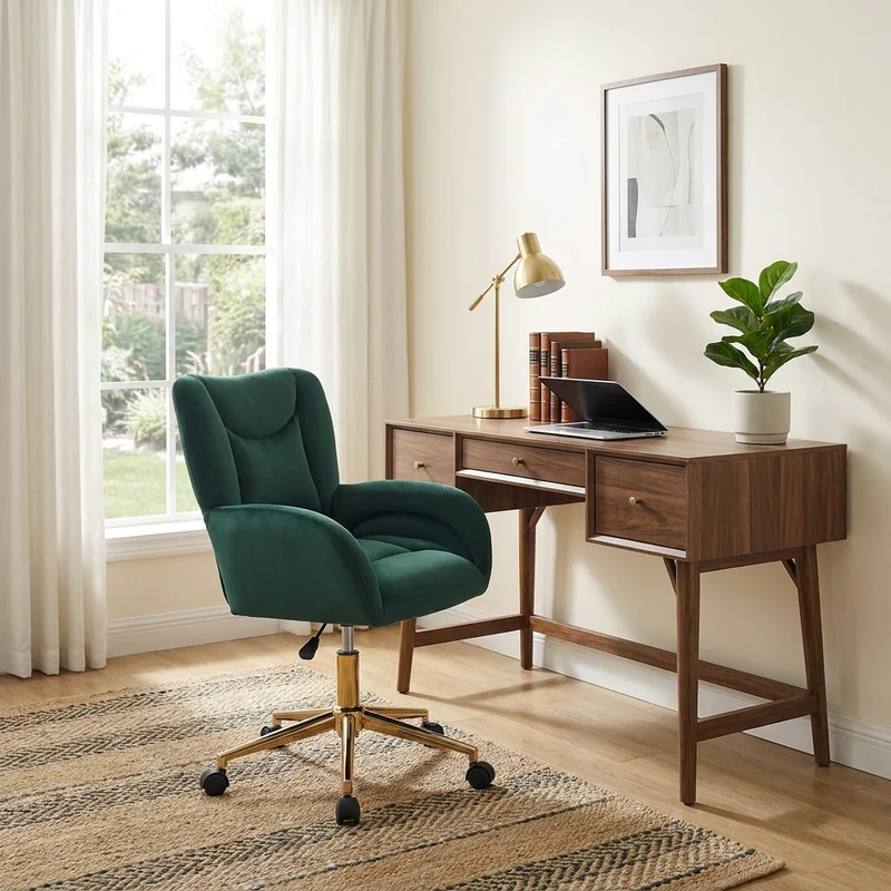 Fauteuil de bureau en velours vert, pivotant et réglable, style chic doré SHELFSTONE