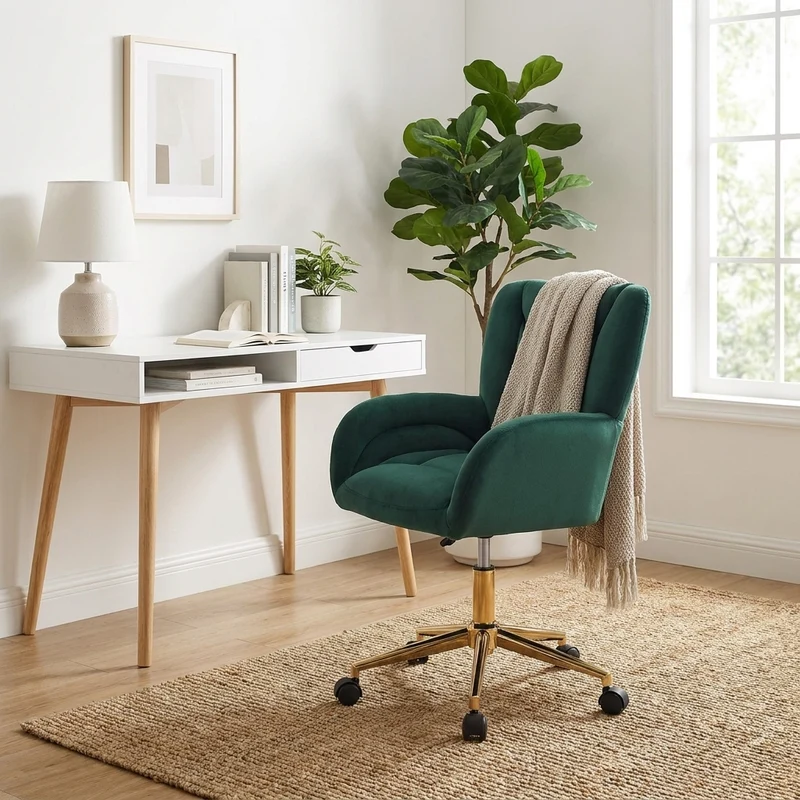 Fauteuil de bureau en velours vert, pivotant et réglable, style chic doré SHELFSTONE