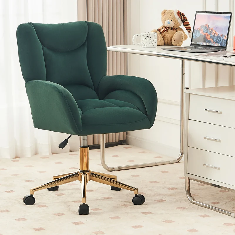 Fauteuil de bureau en velours vert, pivotant et réglable, style chic doré SHELFSTONE