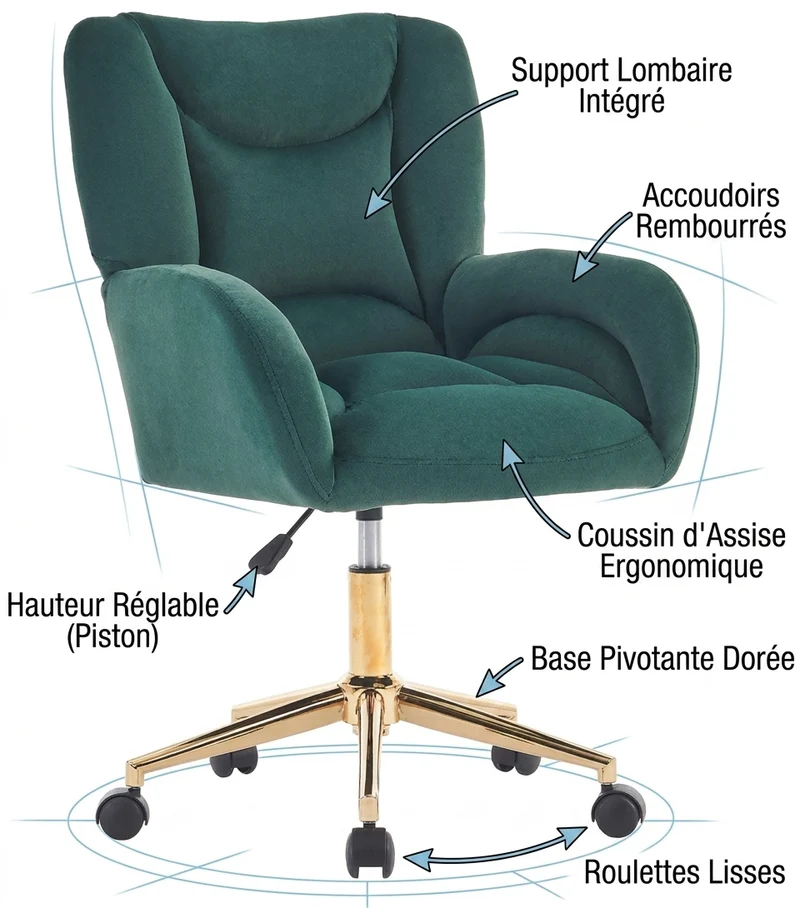 Fauteuil de bureau en velours vert, pivotant et réglable, style chic doré SHELFSTONE