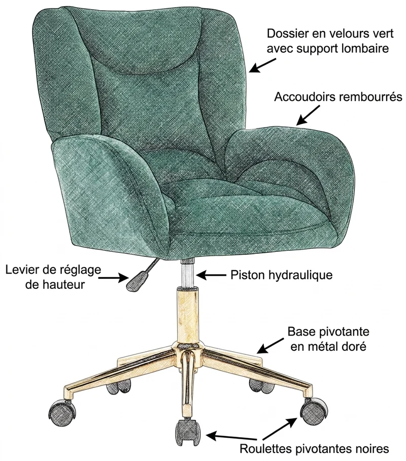 Fauteuil de bureau en velours vert, pivotant et réglable, style chic doré SHELFSTONE