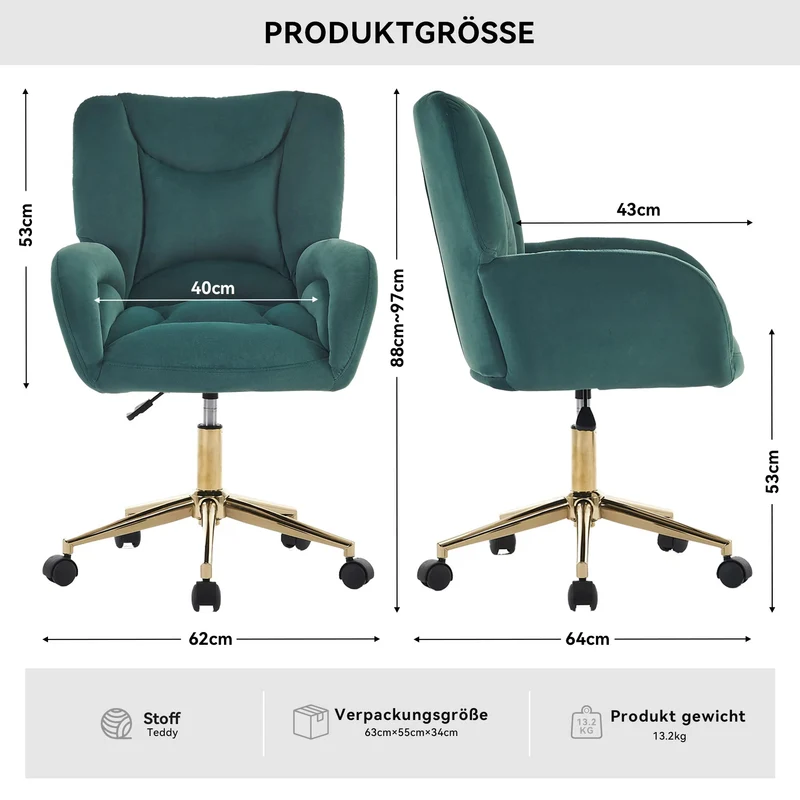 Fauteuil de bureau en velours vert, pivotant et réglable, style chic doré SHELFSTONE