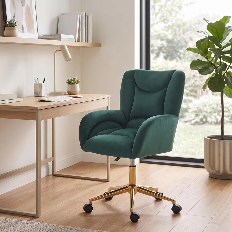 Fauteuil de bureau en velours vert, pivotant et réglable, style chic doré SHELFSTONE