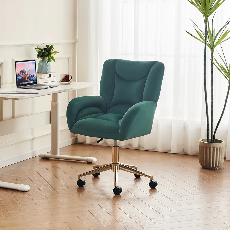 Fauteuil de bureau en velours vert, pivotant et réglable, style chic doré SHELFSTONE