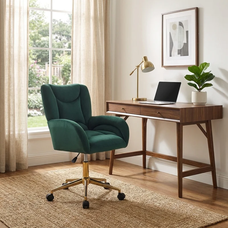 Fauteuil de bureau en velours vert, pivotant et réglable, style chic doré SHELFSTONE