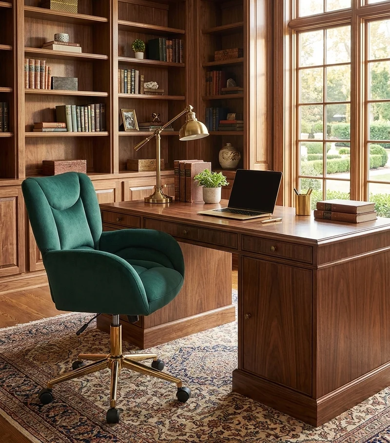 Fauteuil de bureau en velours vert, pivotant et réglable, style chic doré SHELFSTONE