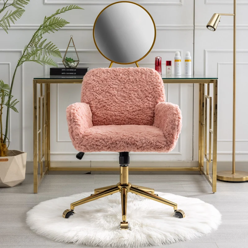 Chaise de bureau rose en fausse fourrure, pivotante 360° et réglable SHELFMARBLE