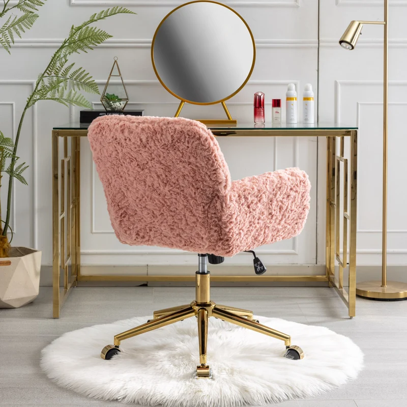 Chaise de bureau rose en fausse fourrure, pivotante 360° et réglable SHELFMARBLE