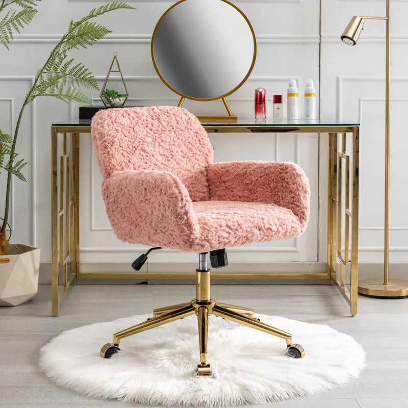 Chaise de bureau rose en fausse fourrure, pivotante 360° et réglable SHELFMARBLE