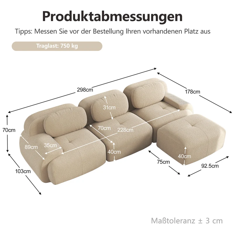 Canapé d’angle modulable 298 cm en velours côtelé beige, ergonomique BACKWASH