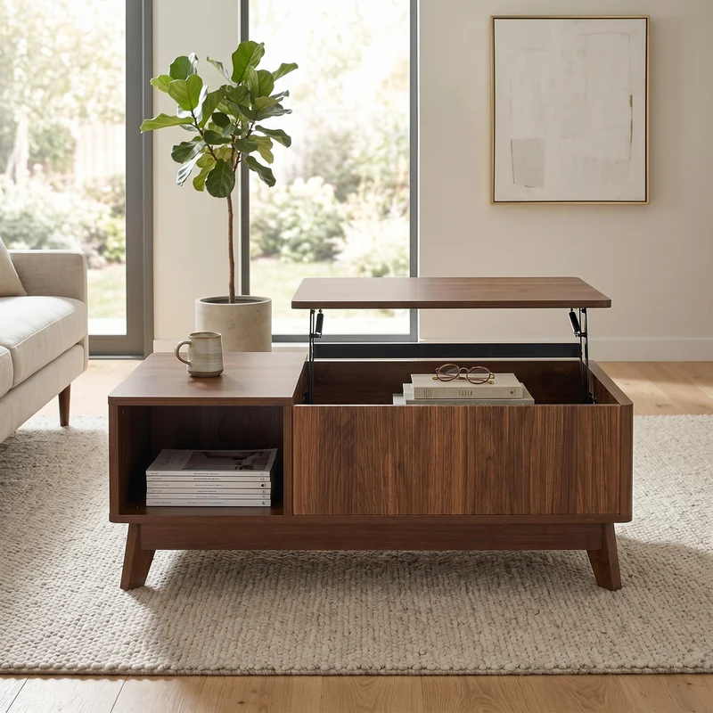 Table basse relevable effet noyer 1 niche 95x48cm ADJUSTCONCRETEELITE