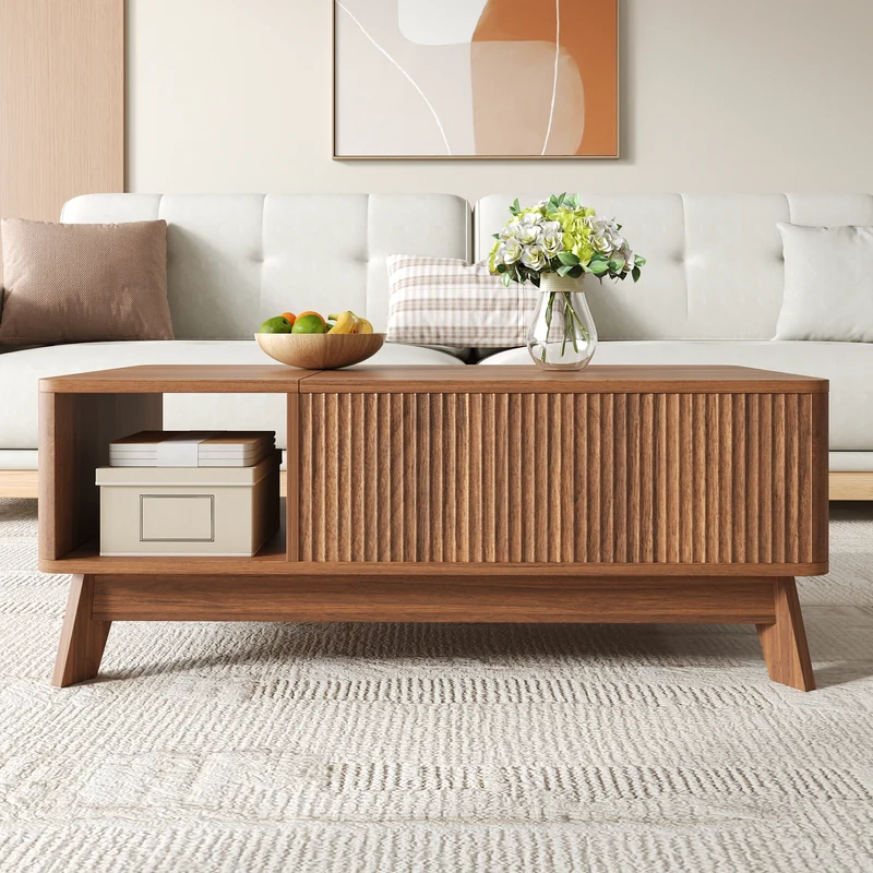 Table basse relevable effet noyer 1 niche 95x48cm ADJUSTCONCRETEELITE