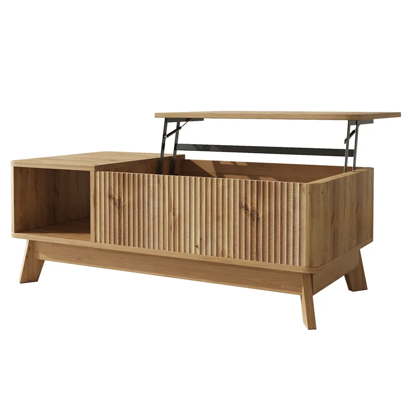 Table basse relevable effet bois naturel design ondulé 95x48x50cm ADJUSTCHROMELINE