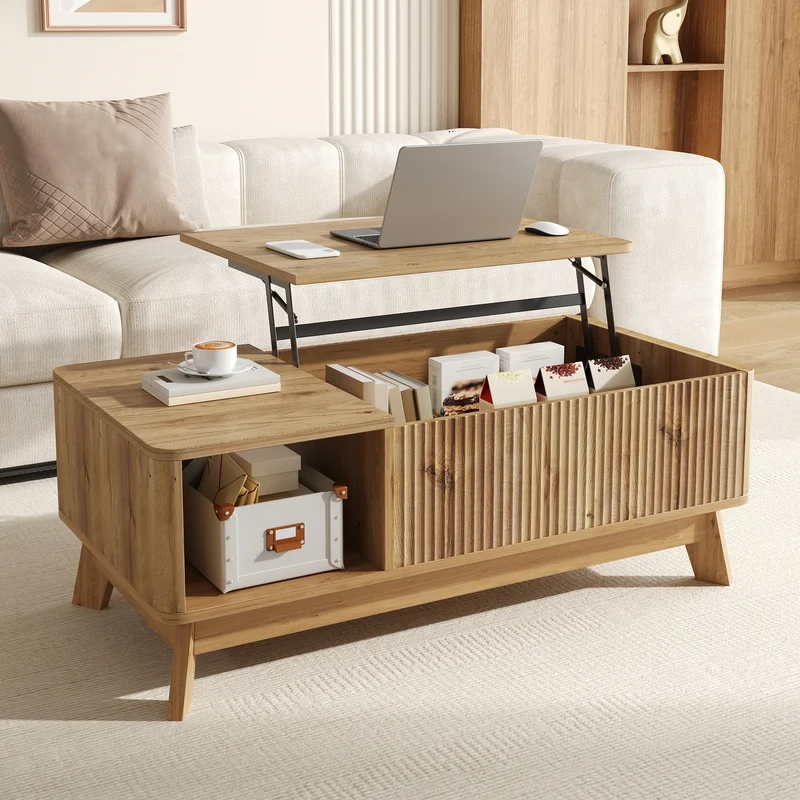 Table basse relevable effet bois naturel design ondulé 95x48x50cm ADJUSTCHROMELINE