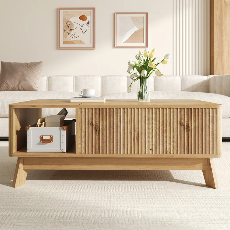 Table basse relevable effet bois naturel design ondulé 95x48x50cm ADJUSTCHROMELINE