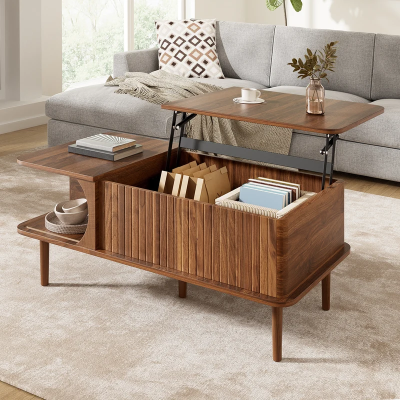 Table basse relevable effet bois noyer style rétro 100x48x55,5cm ADJUSTBOX