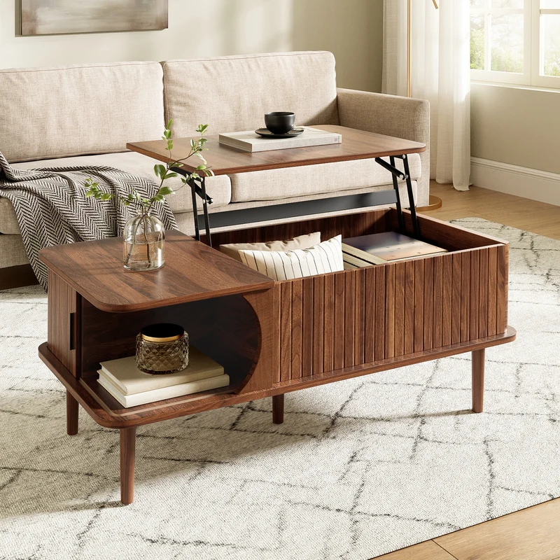 Table basse relevable effet bois noyer style rétro 100x48x55,5cm ADJUSTBOX