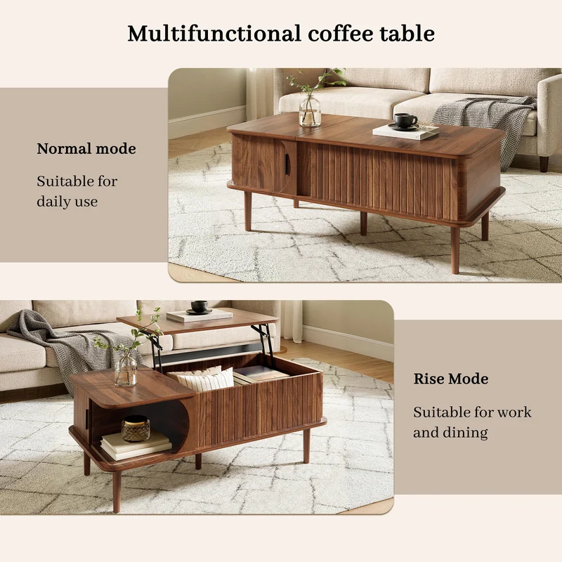 Table basse relevable effet bois noyer style rétro 100x48x55,5cm ADJUSTBOX