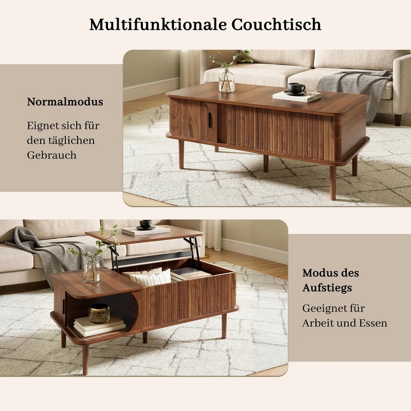 Table basse relevable effet bois noyer style rétro 100x48x55,5cm ADJUSTBOX