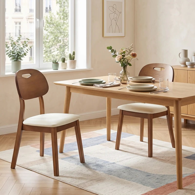 Lot de 2 chaises de salle à manger similicuir blanc et en bois, dossier ovale, style vintage PLANTAIR