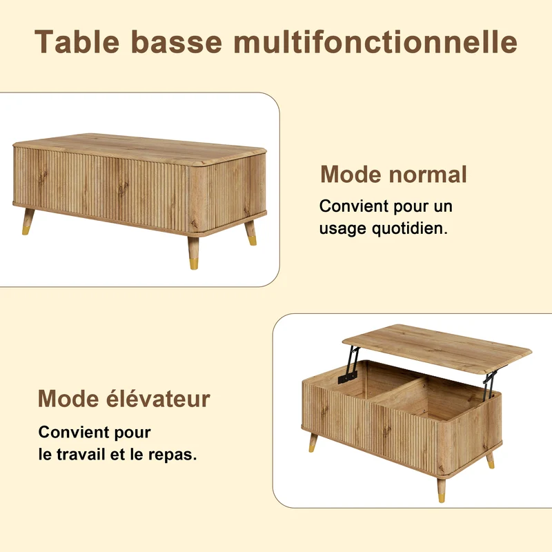 Table basse relevable effet bois à latte 97x52cm PILLOWFLOW