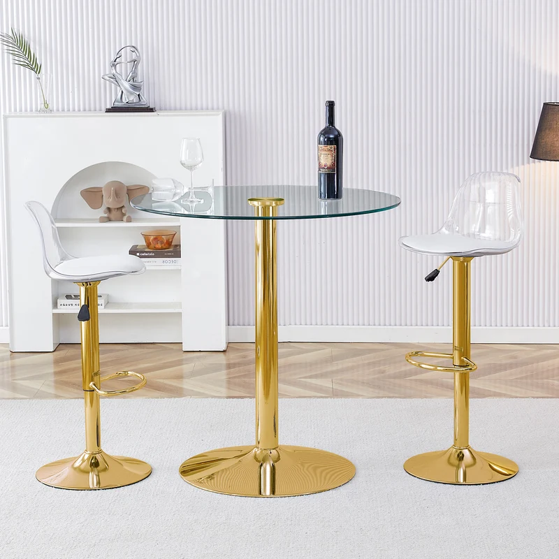 Ensemble bar table ronde et 2 tabourets pivotants transparents dorés PLANTONE