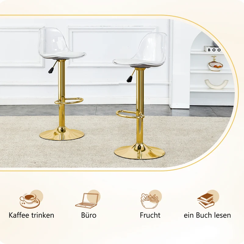 Ensemble bar table ronde et 2 tabourets pivotants transparents dorés PLANTONE