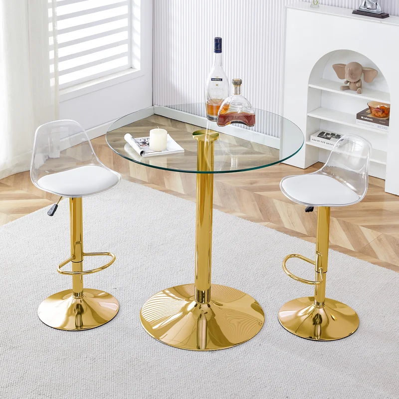 Ensemble bar table ronde et 2 tabourets pivotants transparents dorés PLANTONE