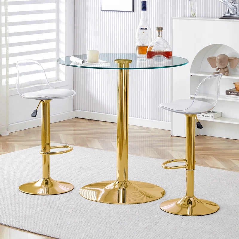 Ensemble bar table ronde et 2 tabourets pivotants transparents dorés PLANTONE