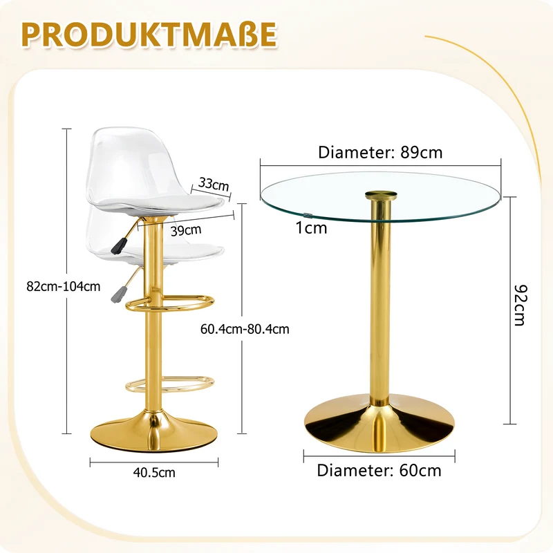Ensemble bar table ronde et 2 tabourets pivotants transparents dorés PLANTONE