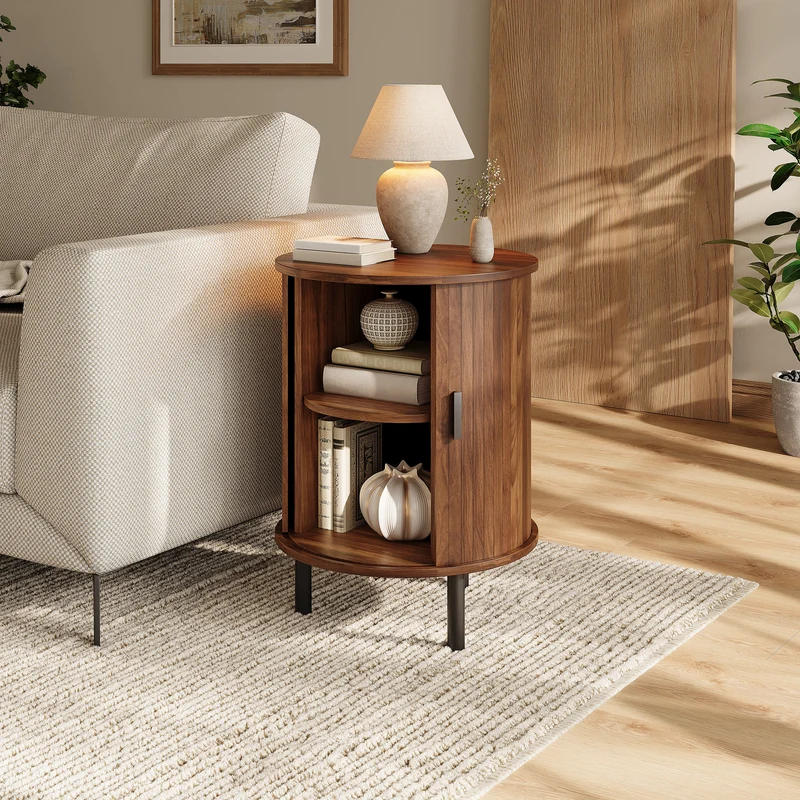 Table d’appoint ronde effet noyer avec rangement et porte coulissante 48cm PILLOWPLASTIC
