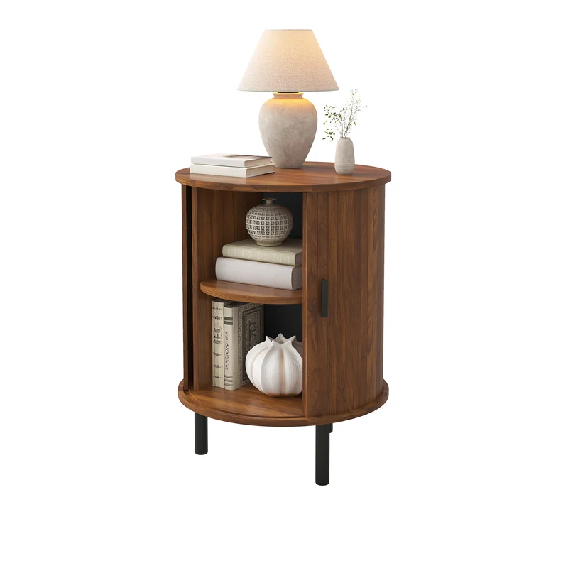 Table d’appoint ronde effet noyer avec rangement et porte coulissante 48cm PILLOWPLASTIC