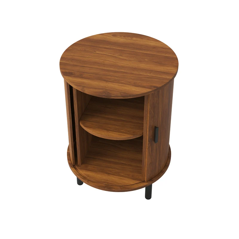Table d’appoint ronde effet noyer avec rangement et porte coulissante 48cm PILLOWPLASTIC