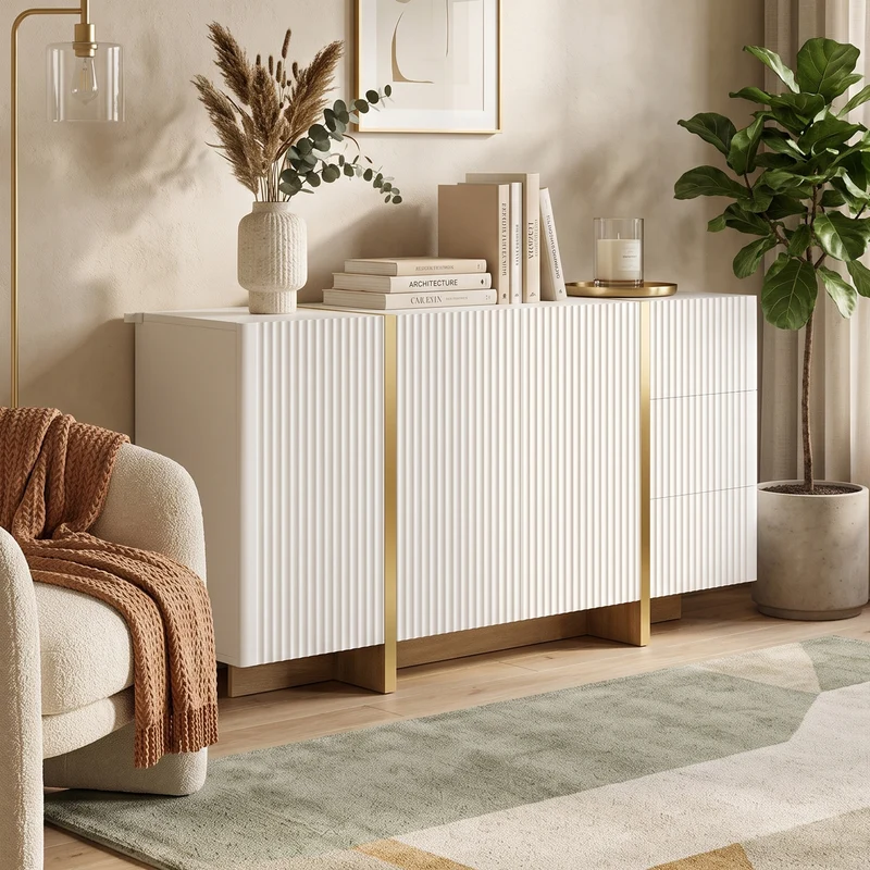 Buffet blanc à 3 portes 3 tiroirs rainurés et détails dorés PILLOWLIGHT