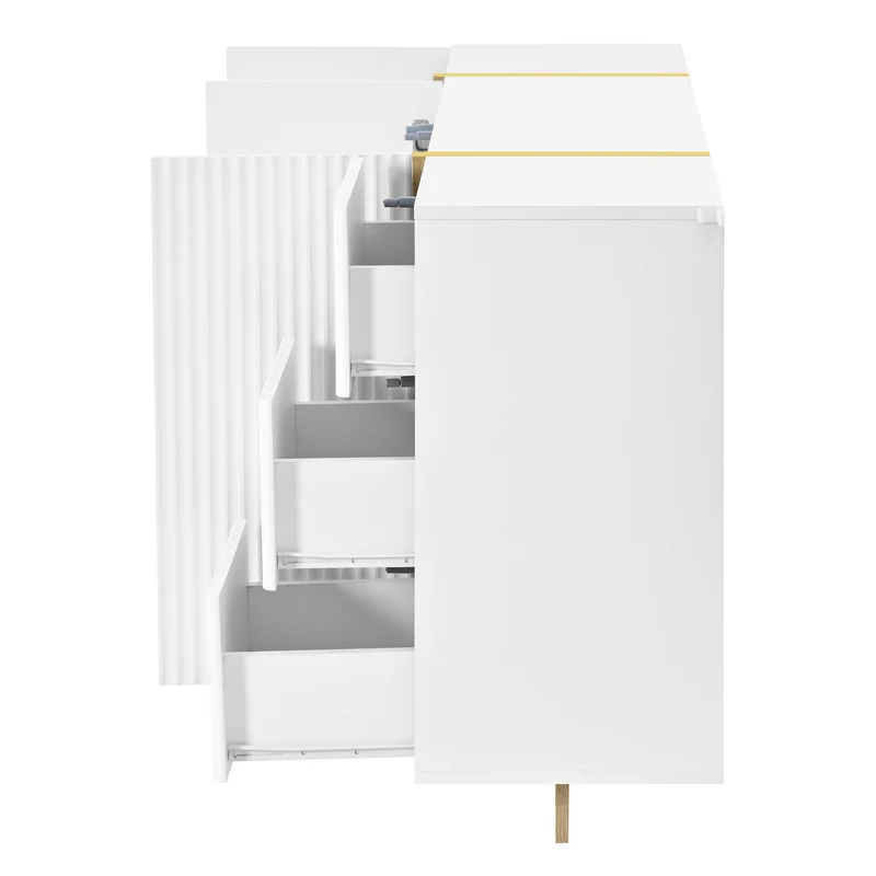 Buffet blanc à 3 portes 3 tiroirs rainurés et détails dorés PILLOWLIGHT